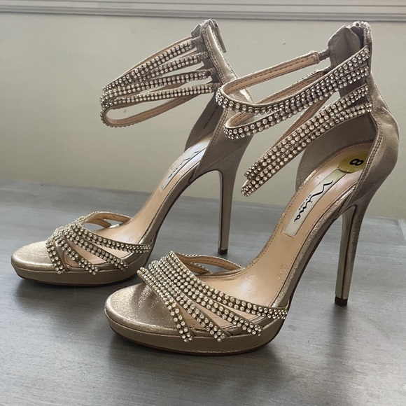 GOLD ANKLE STRAP RHINESTONE HEELS-NINA NEW YORK - NEVER WORN SZ 8 - Picture 3 of 6